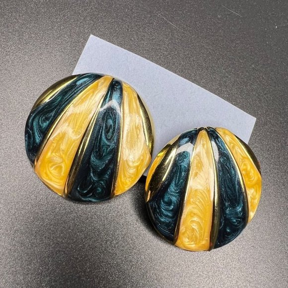 VINTAGE Circle Round Striped Gold Tone Yellow Blue Earrings - Picture 1 of 6